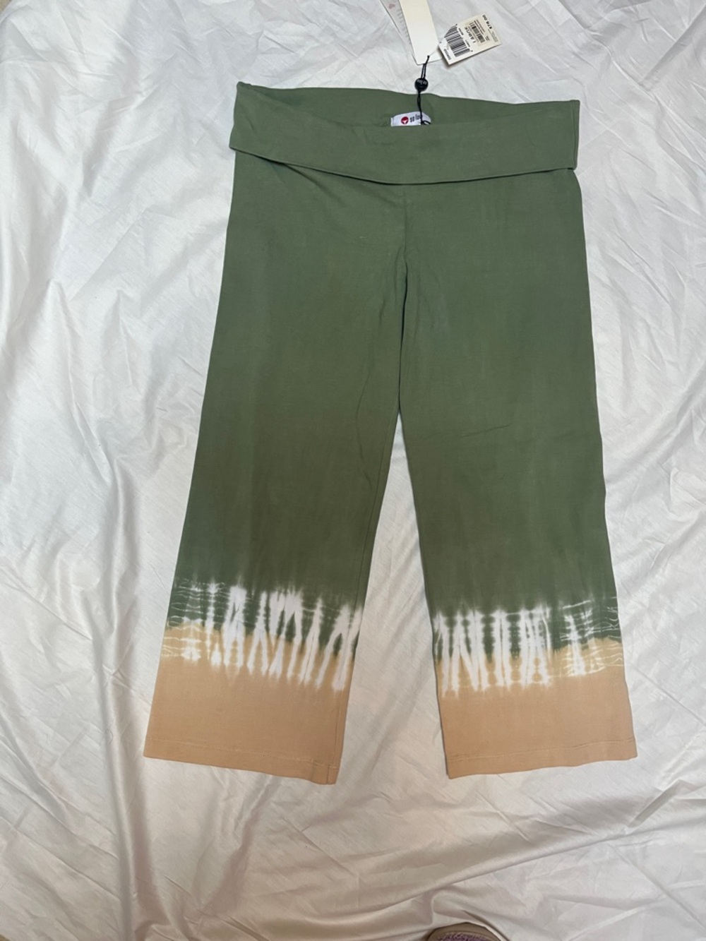 SOLOW Olive Green Leggings with Tan Tie-Dye Hem Sz L Y2K